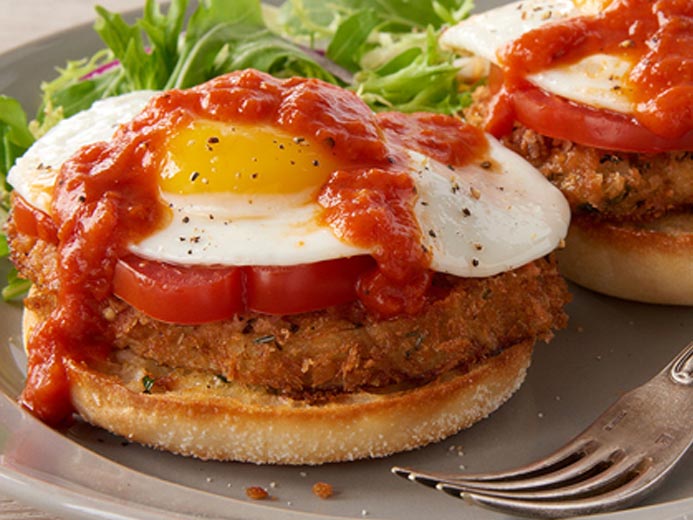 sunny side up egg on a veggie on Bays English Muffins