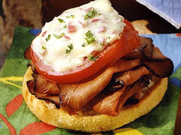 MELTED BLUE CHEESE, TOMATO, AND MEAT ON A BAYS ENGLISH MUFFIN
