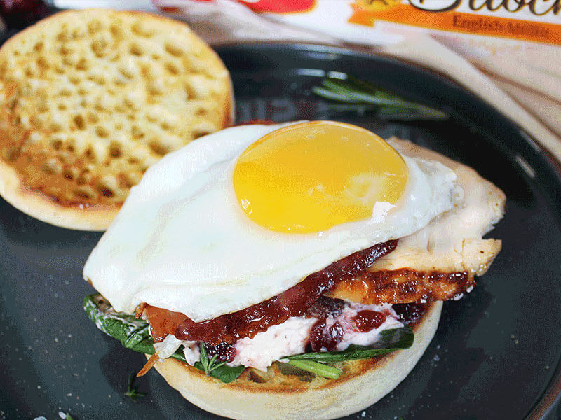 BAYS WITH A BIG EGG OVER WHITE MEAT AND CRANBERRY SAUCE