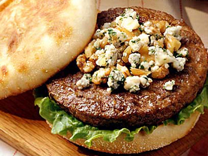 THICK PATTY WITH CRUMBLY CHEESE ON A BAYS ENGLISH MUFFIN