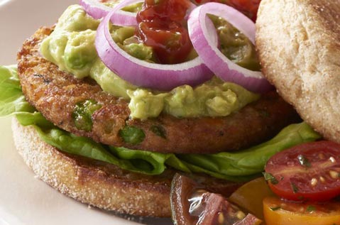 VEGETABLE PATTY WITH AVOCADO SPREAD AND ONIONS