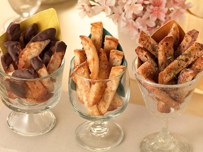 3 serving glasses filled with strips of toasted Bays English Muffins and toppings